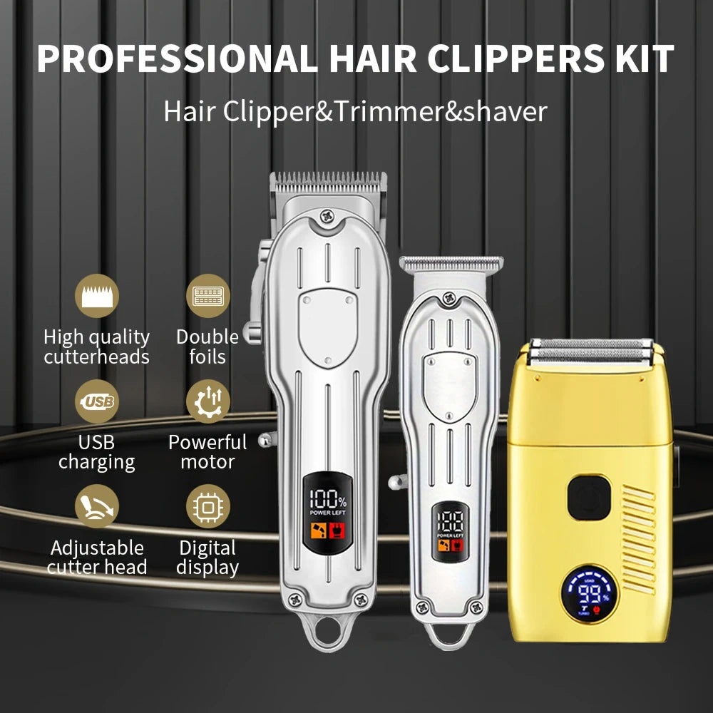 A professional hair clippers kit showing a silver trimmer and a yellow shaver on a dark background.