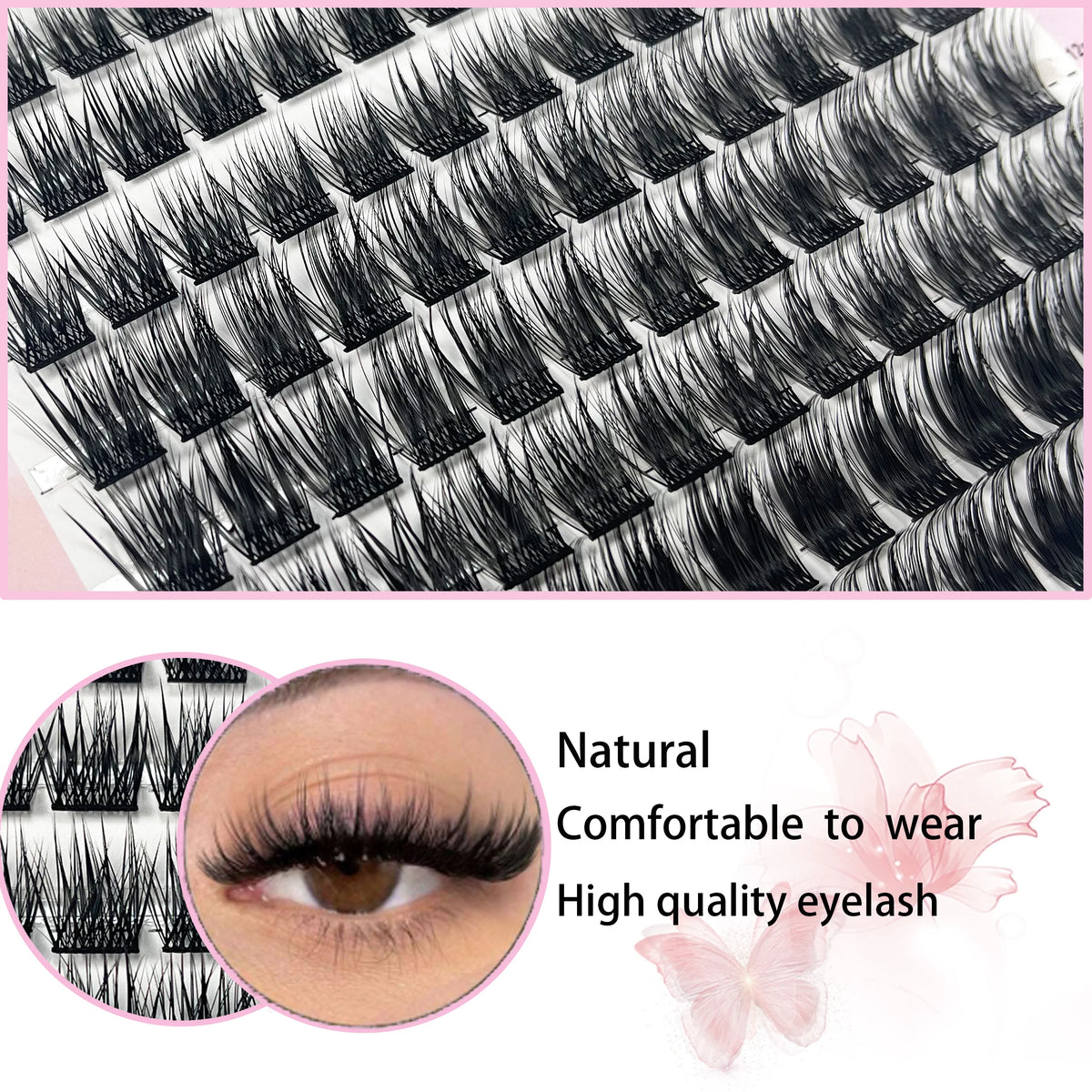 A close-up of a grid of black false eyelash extensions and an eye showing the natural look of the lashes.