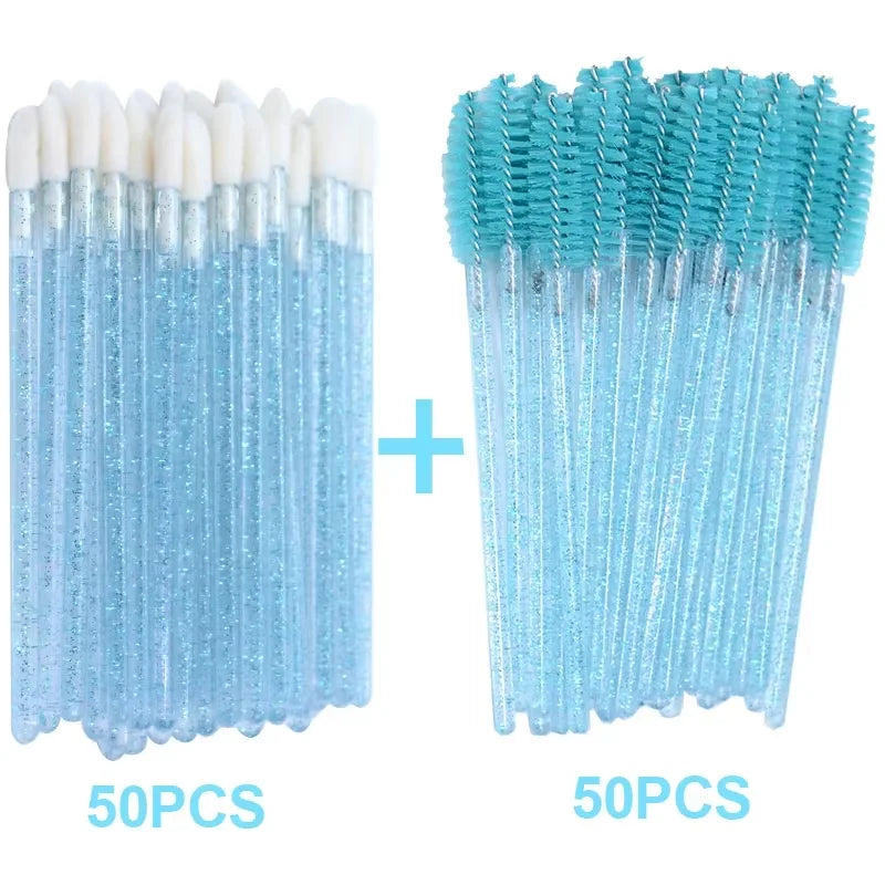 A set of 100 disposable eyelash and eyebrow brushes in light blue and teal colors.