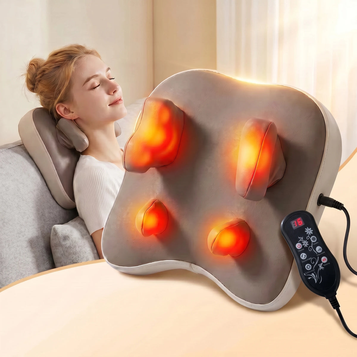 A portable shiatsu neck massager pillow with glowing orange massage pads is shown next to a person's head.