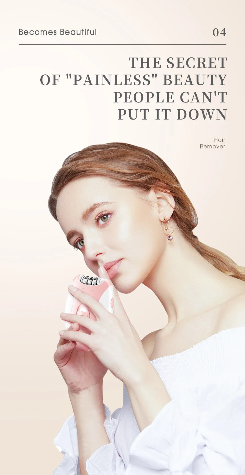 A woman is shown applying a pink electric hair remover to her face, demonstrating the secret of painless beauty.