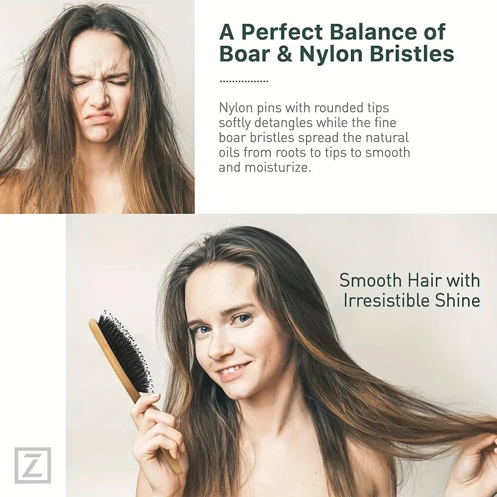 A woman is shown using a natural boar bristle hair brush to achieve smooth, shiny hair.
