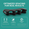 Black silicone toe separators shown with usage guidelines for spacing enhancement and application time.