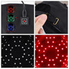 Close-up view of a black red light therapy cap with multiple power buttons and a close-up of the glowing red light pattern.