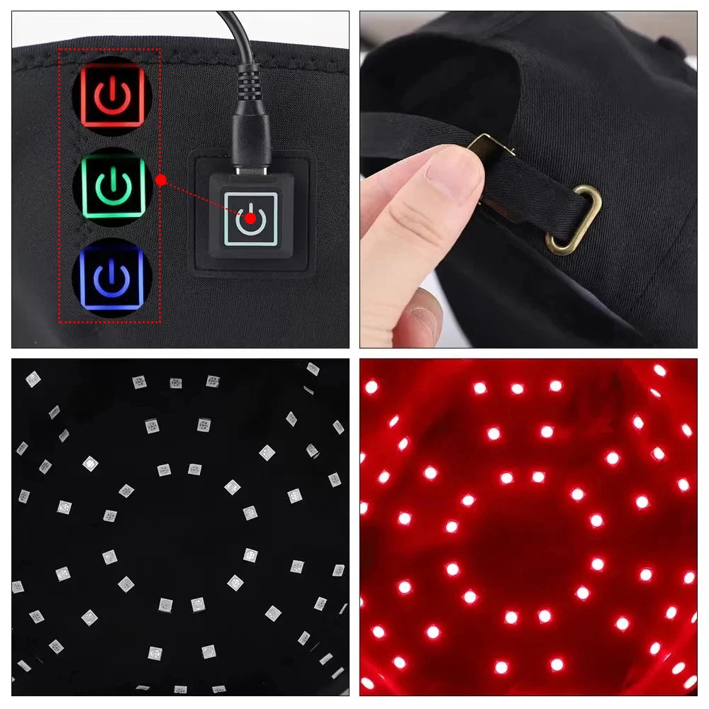 Close-up view of a black red light therapy cap with multiple power buttons and a close-up of the glowing red light pattern.
