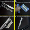 Instrucciones paso a paso para instalar una cuchilla en una maquinilla de afeitar manual con ranura para tarjeta y soporte.