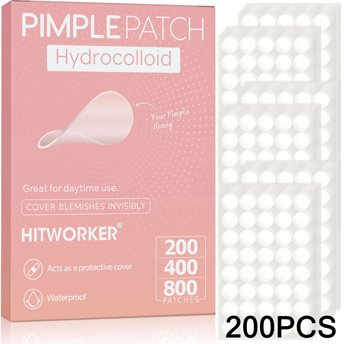 Box of Hitworker Hydrocolloid pimple patches in pink packaging showing various patch options