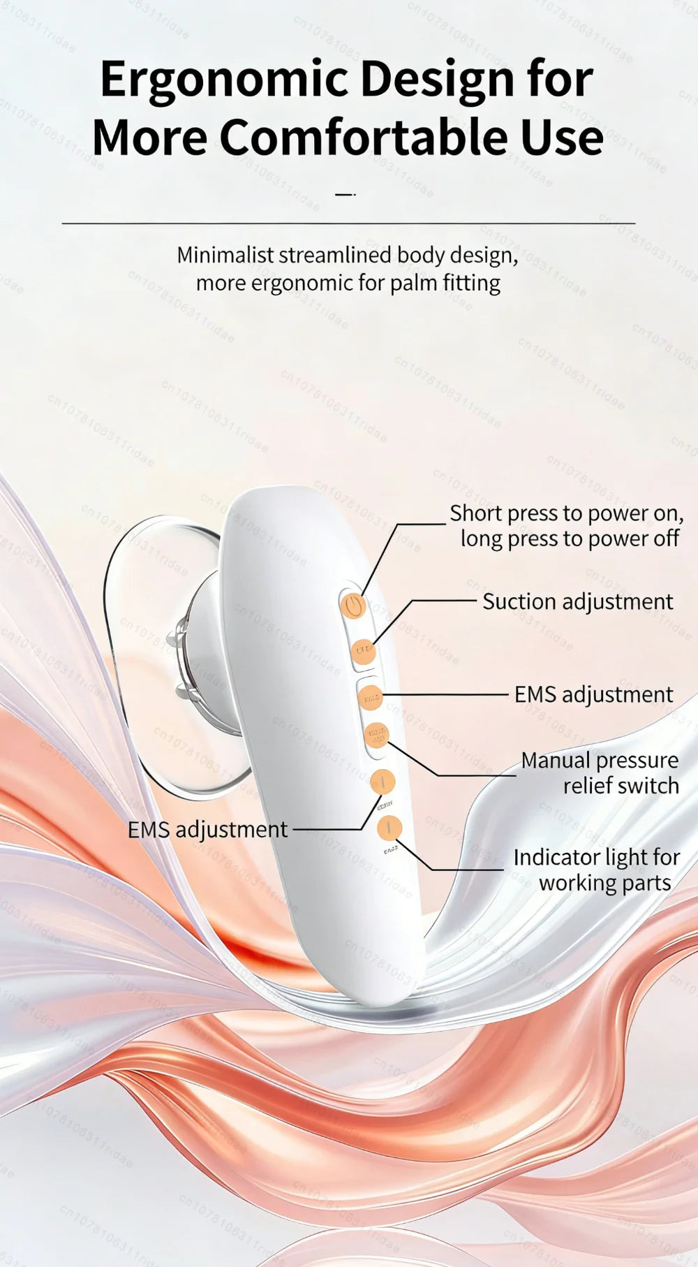 A white EMS fat cellulite massager device is shown with various adjustment points and an indicator light, set against a flowi