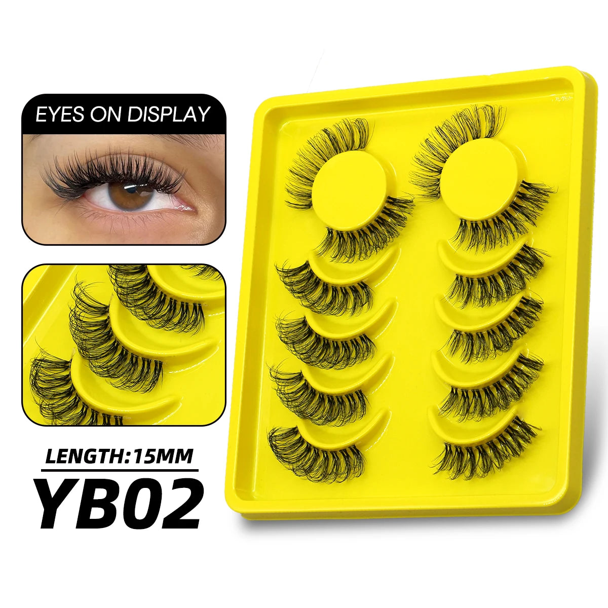 Yellow plastic tray containing 10 pairs of black false eyelashes with a 15mm length.