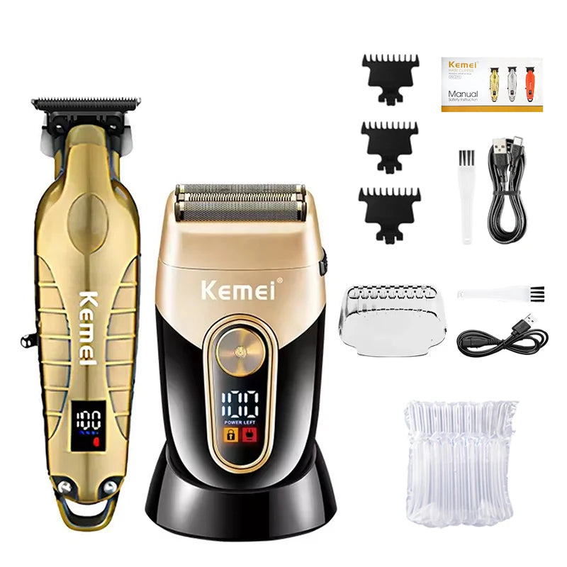 A beige and black professional rechargeable electric hair clipper with various attachments shown.