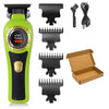 A green electric hair clipper and various attachments including combs and a power cord are shown.