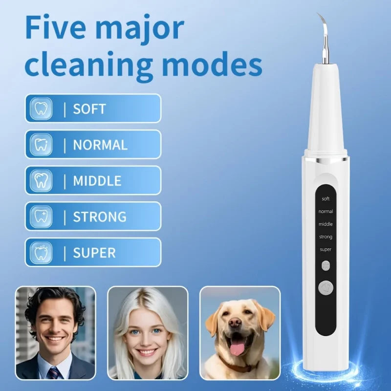 A white electric dental scaler device with five cleaning modes is shown next to images of smiling people and a dog.