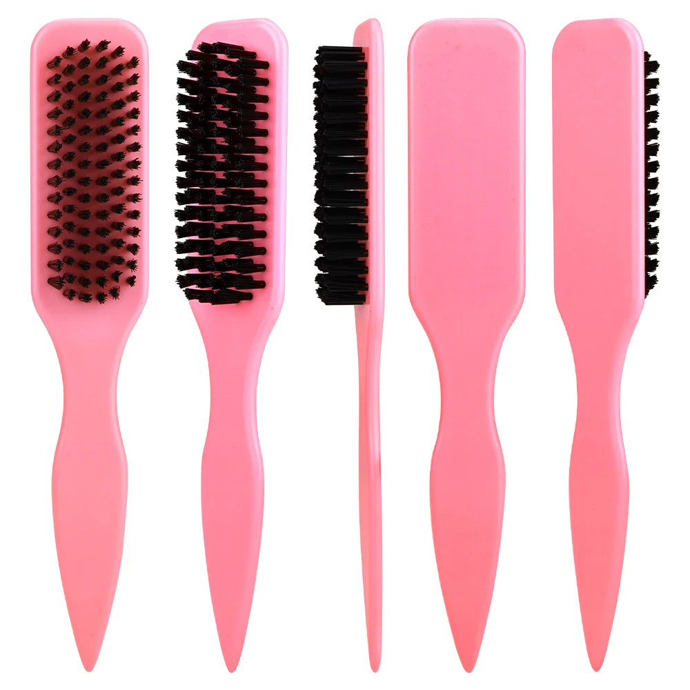 A set of four pink boar bristle hair styling brushes with metal tail combs.