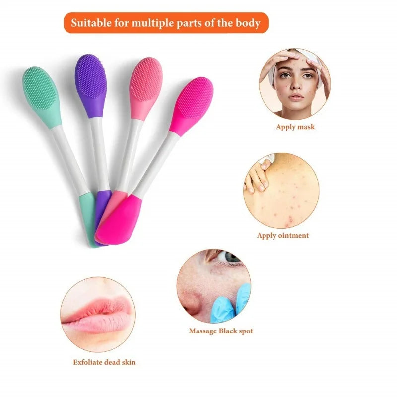 A silicone facial brush set with multiple colored bristles for exfoliating the skin.