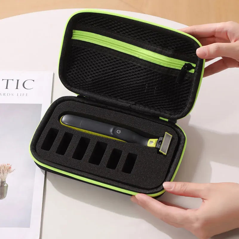 A black hard-shell travel case with a lime green trim holds an electric shaver and a razor.