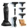 A black professional hair trimmer set including a main unit, various precision blades, and charging cable in a cardboard box.