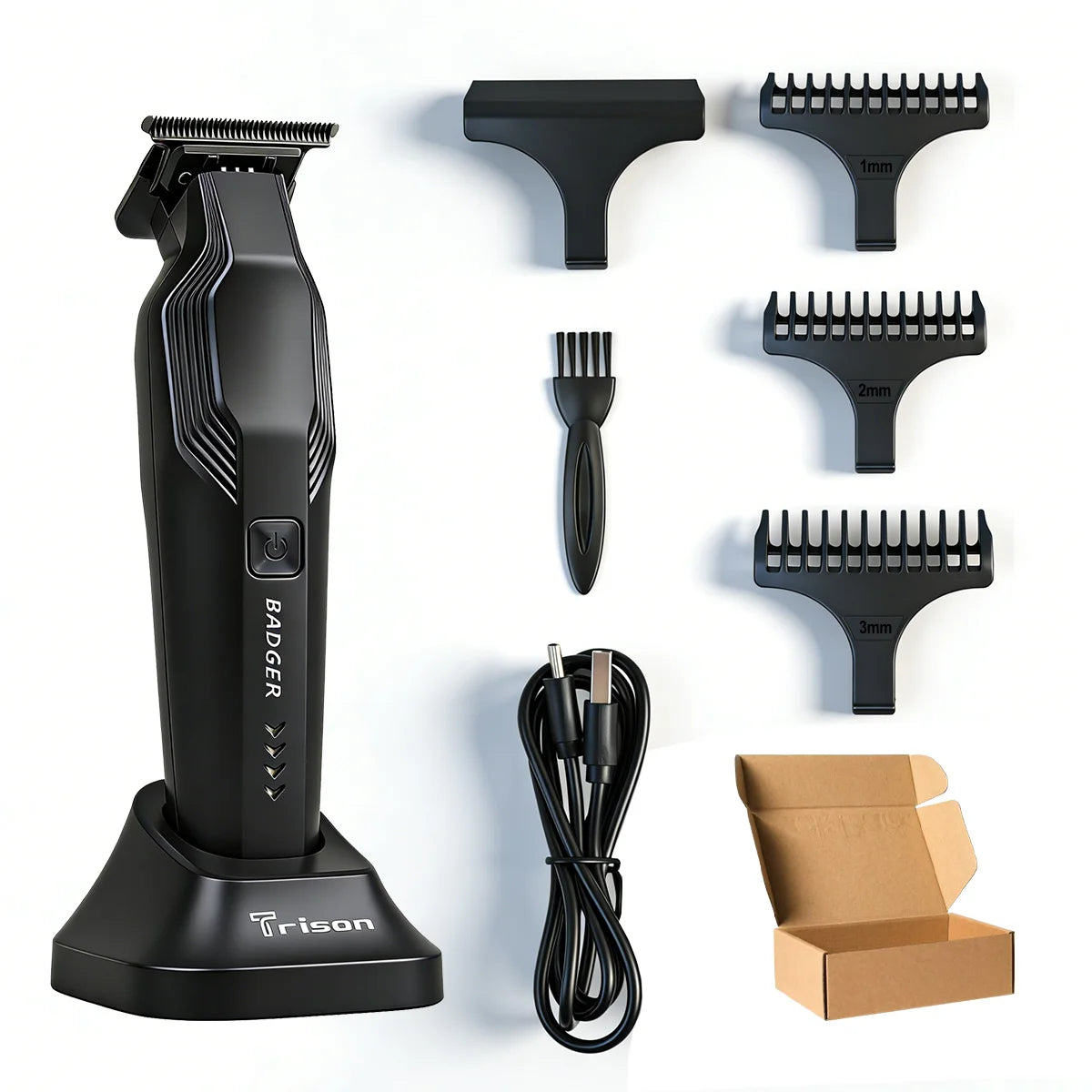 A black professional hair trimmer set including a main unit, various precision blades, and charging cable in a cardboard box.