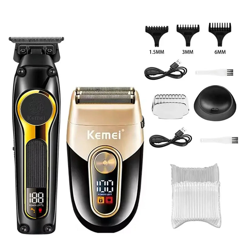 A black rechargeable electric hair clippers kit with various guard attachments and accessories.