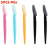 A set of five mixing eyebrow trimmers in various colors including pink, cyan, yellow, and black.