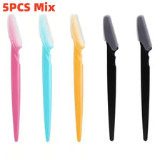 A set of five mixing eyebrow trimmers in various colors including pink, cyan, yellow, and black.