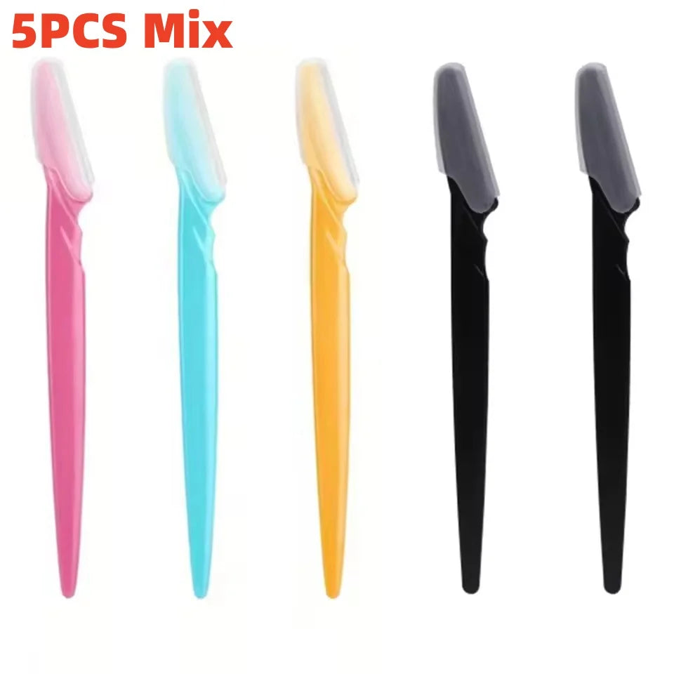 A set of five mixing eyebrow trimmers in various colors including pink, cyan, yellow, and black.