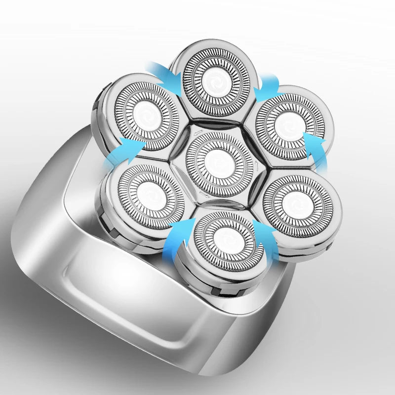 A silver electric shaver with six rotating shaving heads is shown, demonstrating its multi-function design.