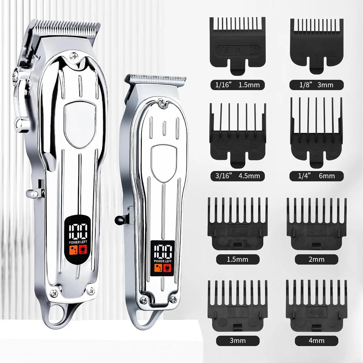 A set of professional cordless hair clipper trimmers with various guard attachments and blade sizes shown in a vertical arran