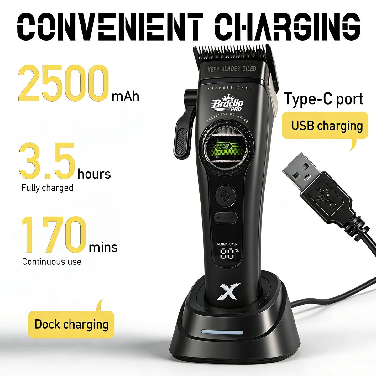 A black professional rotary hair clipper trimmer with a Type-C port and USB charging cable is shown on a docking station.