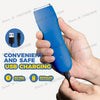 A hand holds a blue USB charging trimmer, highlighting convenient and safe battery performance.