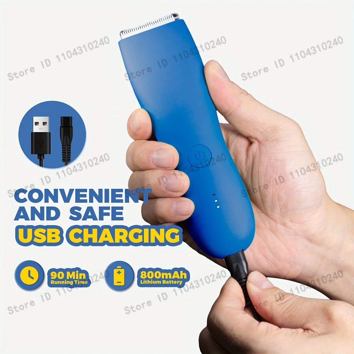A hand holds a blue USB charging trimmer, highlighting convenient and safe battery performance.