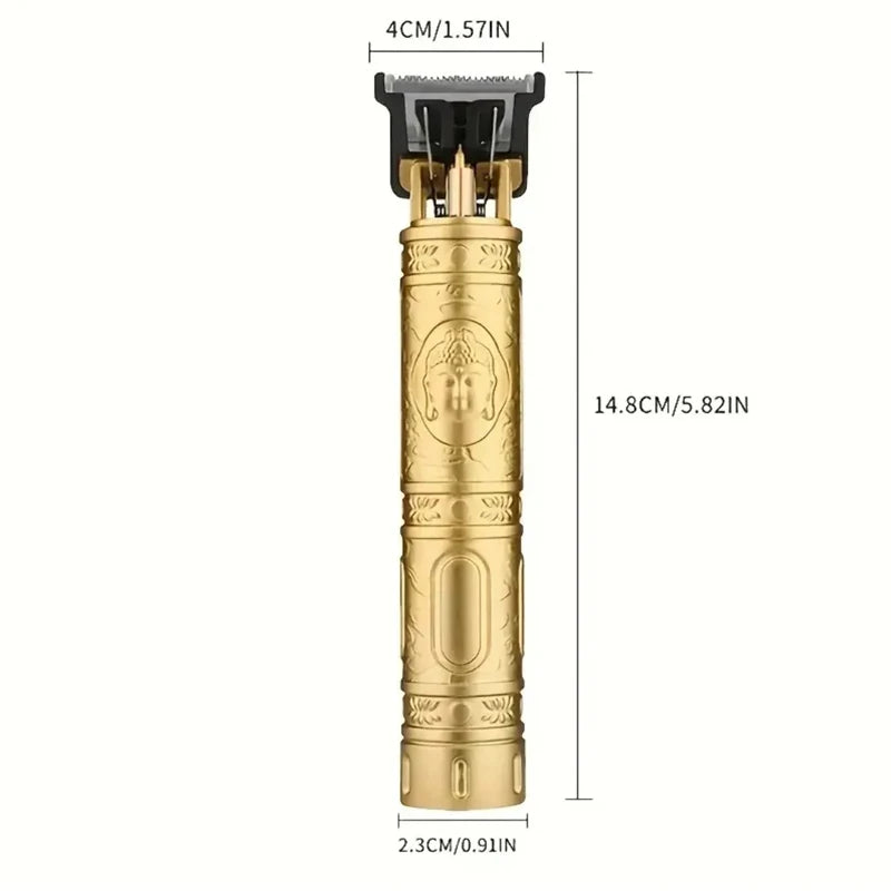 A professional electric hair clipper with a dragon design, shown in gold color.