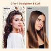 Before and after comparison showing a woman's hair straightened and curled using a 2-in-1 straightening and curling tool.