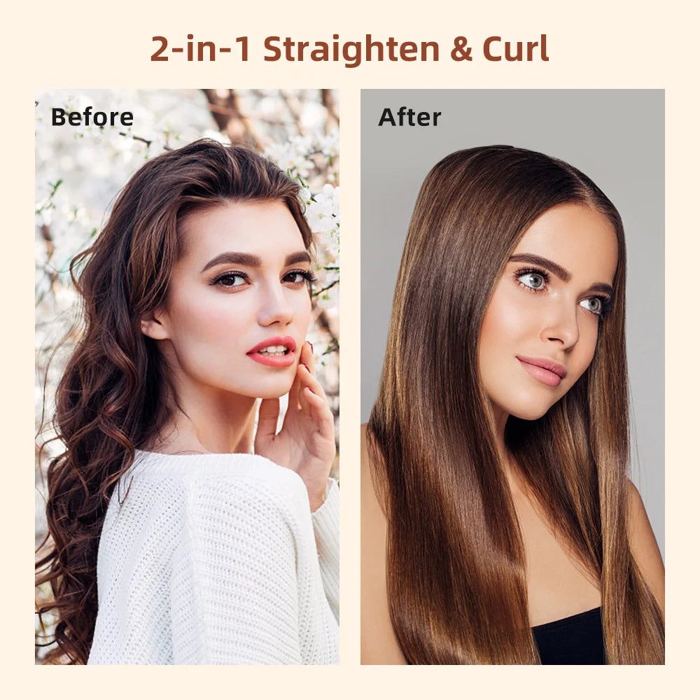 Before and after comparison showing a woman's hair straightened and curled using a 2-in-1 straightening and curling tool.