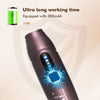 A close-up view of a purple microneedling pen device with blue electrical sparks visible on the tip.