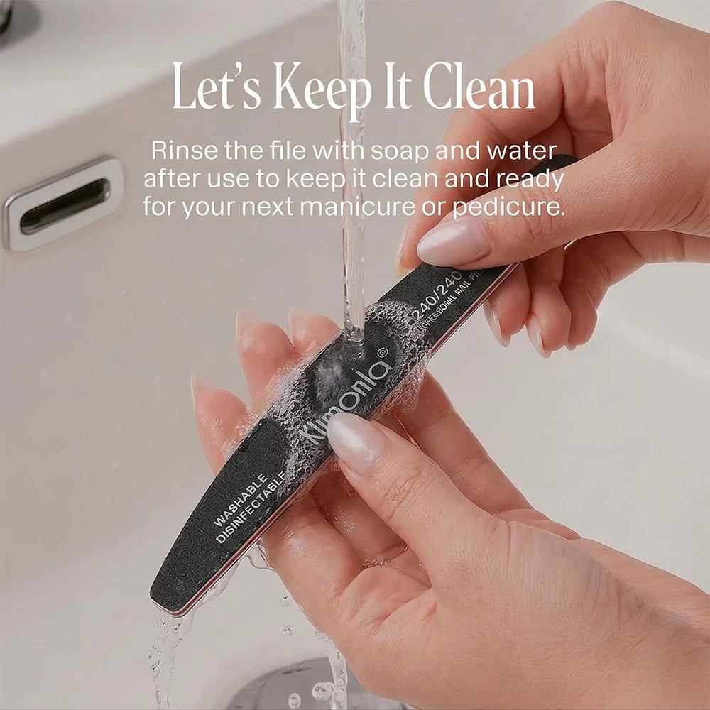 Hands rinse a Timonlo nail file with soap and water after use.