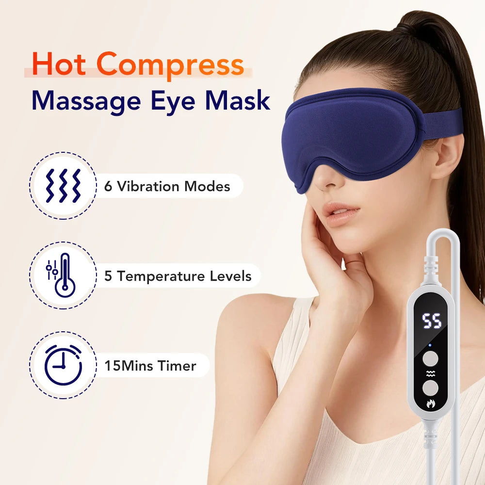 A woman is using a purple electric heated eye mask for massage, showing features like vibration modes, temperature levels, an