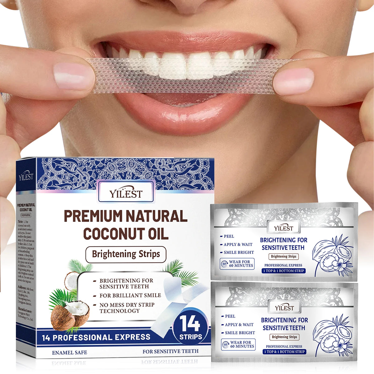 Caja y tiras de aceite natural de coco YILEST Premium para aclarar dientes sensibles