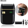 A black portable electric shaver with a mesh head and charging indicator, shown in various views.