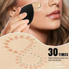A woman applies makeup using a black silicone brush on her face, with a diagram showing 30 times to wear makeup evenly.
