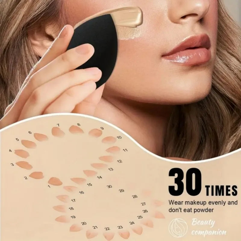 A woman applies makeup using a black silicone brush on her face, with a diagram showing 30 times to wear makeup evenly.