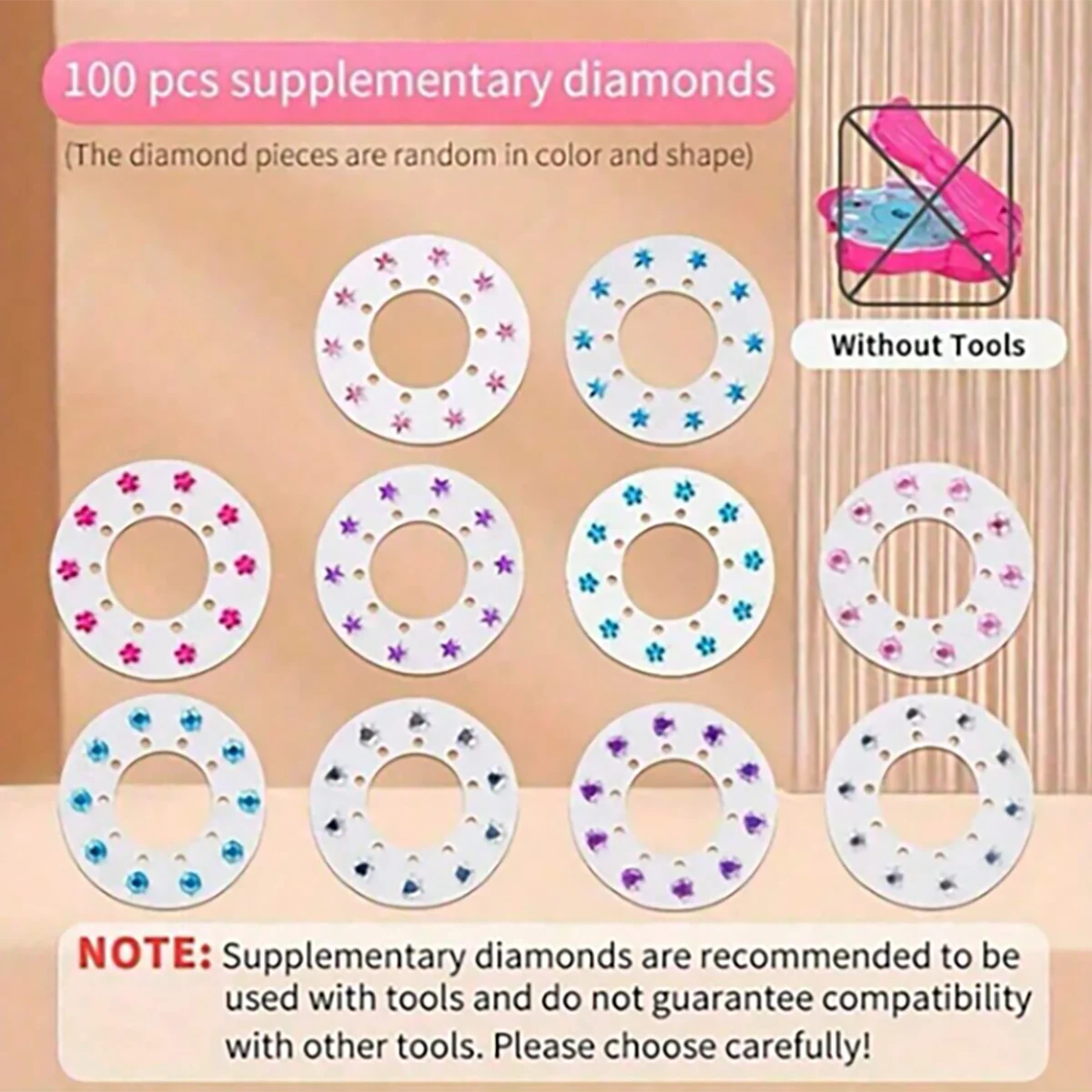 A collection of 100 pieces of supplementary diamonds in various colors and shapes for hair braiding and jewelry craft.