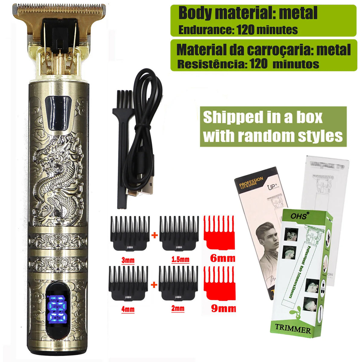 A professional electric hair trimmer with various guards and accessories for beard and body grooming.