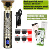 A close-up view of a metallic electric hair shaver trimmer with various attachments and accessories.