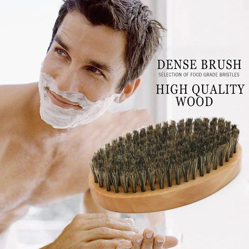 A man is applying a white beard and using a dense brush made of high quality wood bristles for grooming.