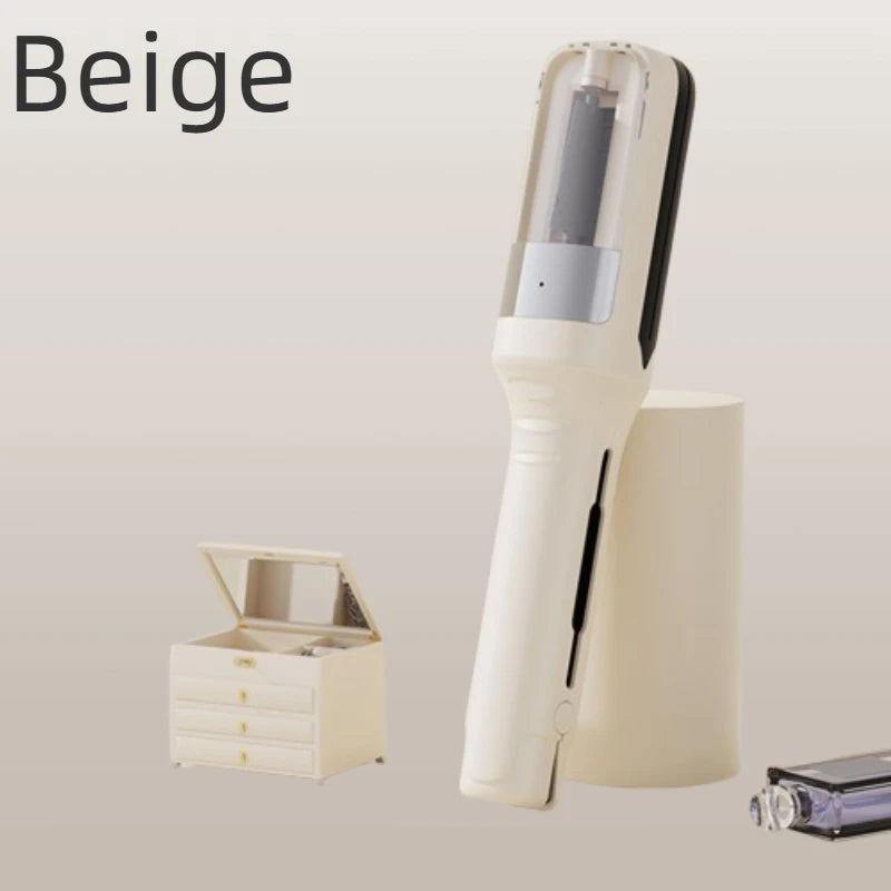 A beige automatic hair ends trimmer is shown next to a small white storage box.