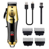 A set of black and gold cordless electric hair trimmer components including a body, charger, and multiple guard attachments.