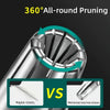 Diagram showing 360 degree all-round pruning of a nose or ear using a mechanical scissor tool versus regular scissors.