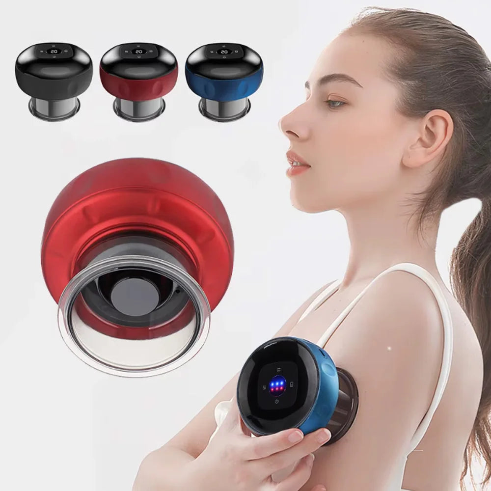 A woman is holding a black and blue heated electric cupping massager device, with multiple heads shown separately.