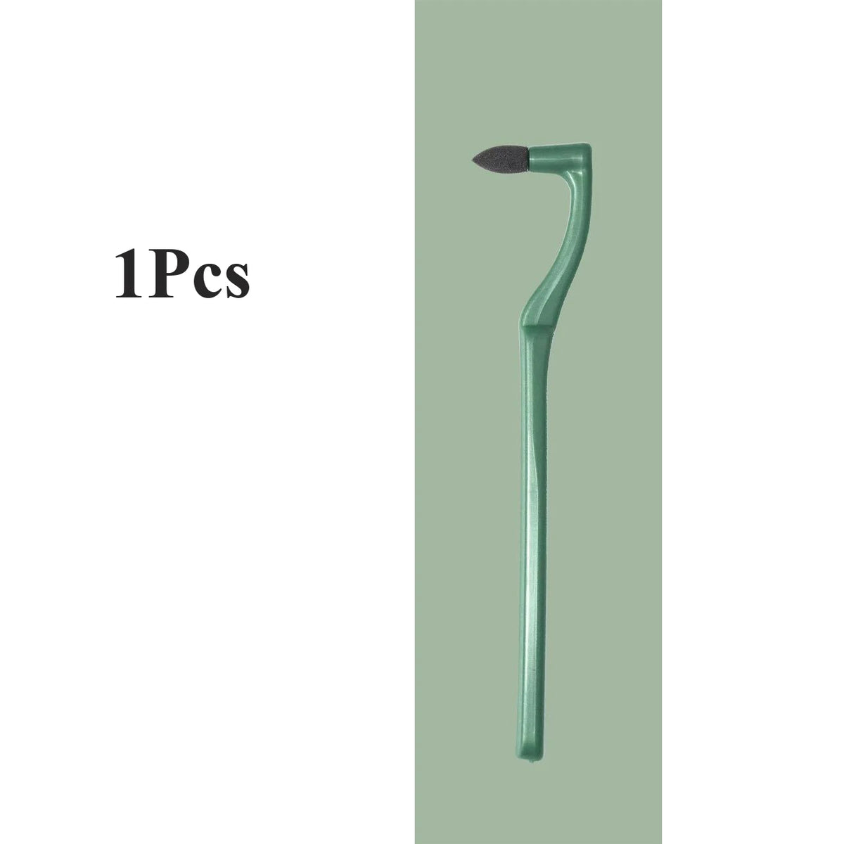 A green manual tooth stain remover tool with a curved handle and brush tip.