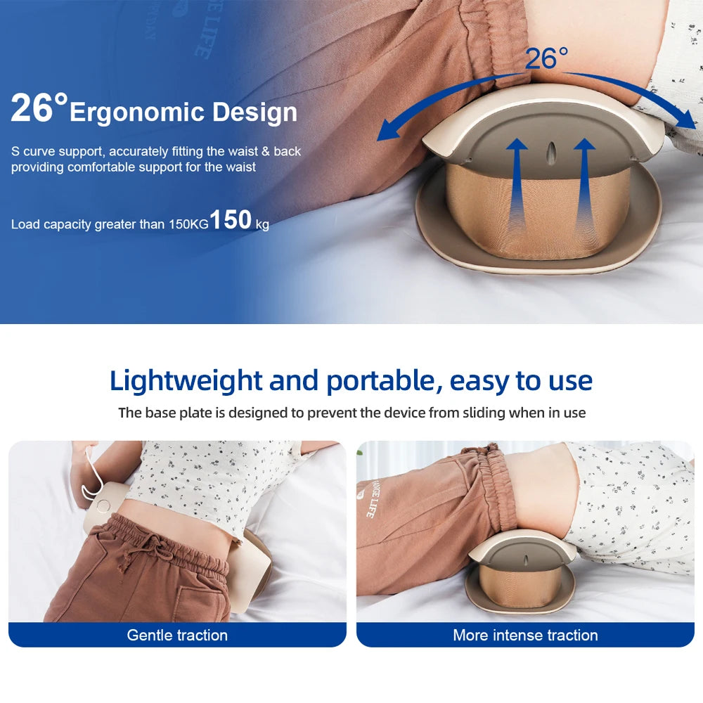 A brown electric lumbar traction massager is shown being used on a person's waist for pain relief.